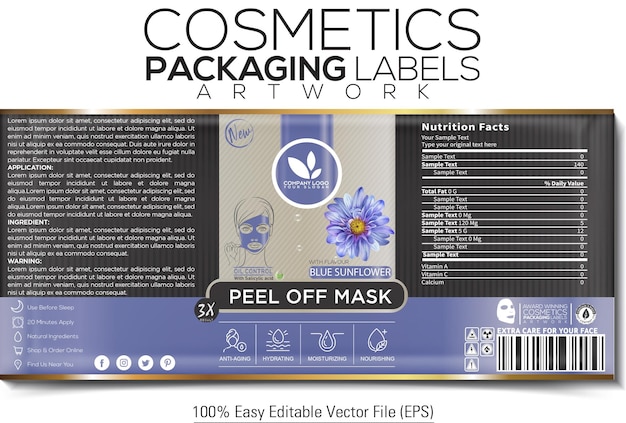 Cosmetics Packaging Label Peel off Mask Artwork Design With Blue Sun Flower