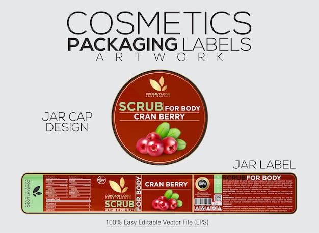 Vector cosmetics packaging label scrub for body label and cap design with cran berry