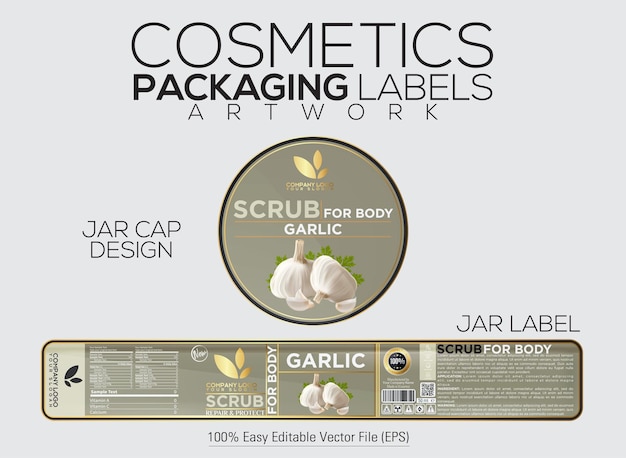 Vector cosmetics packaging label scrub for body label and cap design with garlic