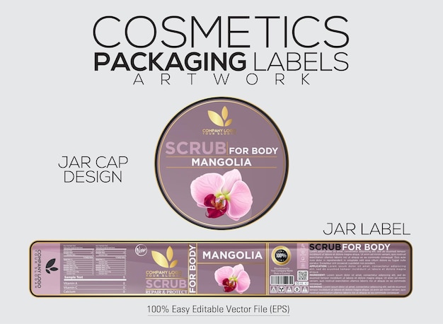 Vector cosmetics packaging label scrub for body label and cap design with mangolia