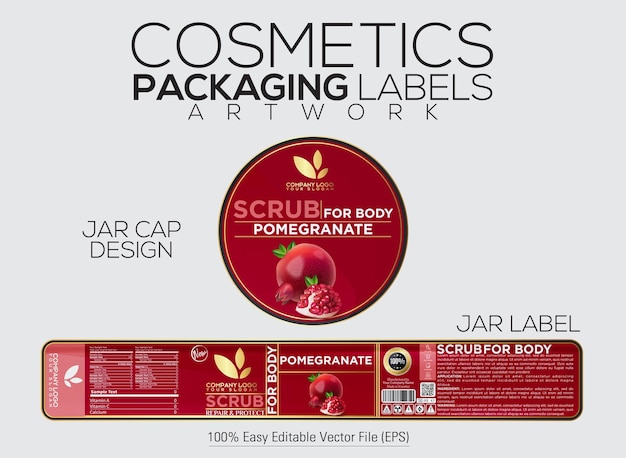 Vector cosmetics packaging label scrub for body label and cap design with pomegranate