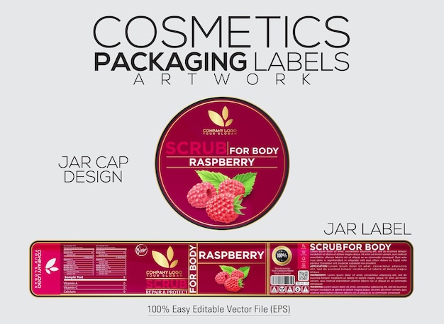 Vector cosmetics packaging label scrub for body label and cap design with raspberry