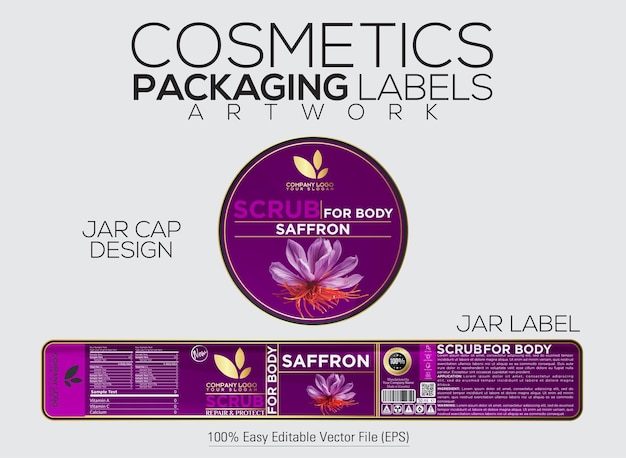 Vector cosmetics packaging label scrub for body label and cap design with saffron