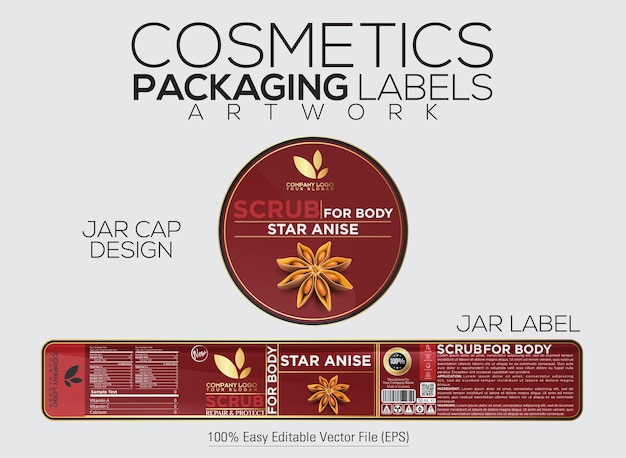 Vector cosmetics packaging label scrub for body label and cap design with star anise