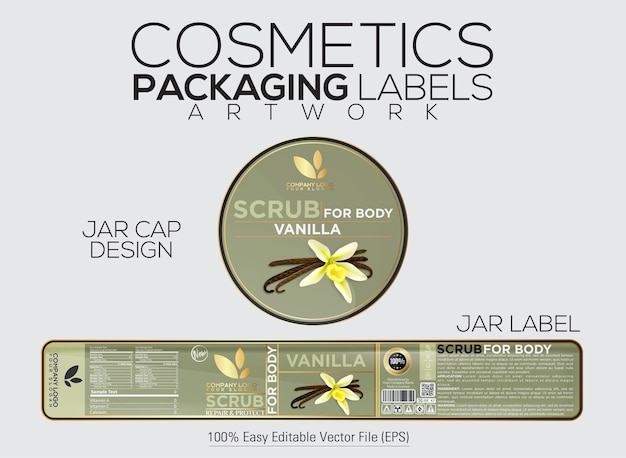 Vector cosmetics packaging label scrub for body label and cap design with vanilla