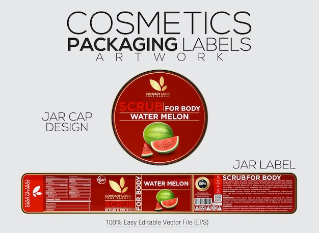 Vector cosmetics packaging label scrub for body label and cap design with water melon