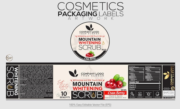 Cosmetics Packaging Labels Artwork Mountain Whitening Scrub With Flavour of Cran Berry