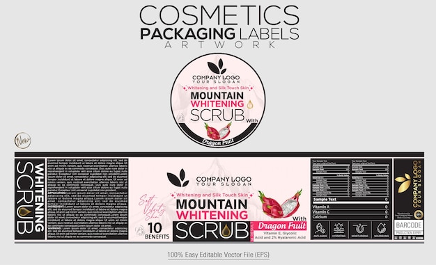 Vector cosmetics packaging labels artwork mountain whitening scrub with flavour of dragon fruit