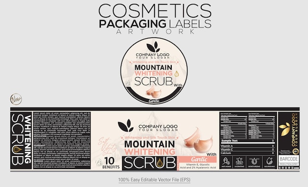 Vector cosmetics packaging labels artwork mountain whitening scrub with flavour of garlic