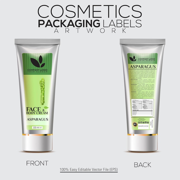 Vector cosmetics packaging labels artwork with tube mockup face and body cream with asparagus