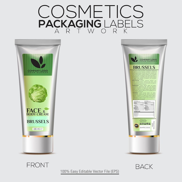 Cosmetics Packaging Labels Artwork With Tube Mockup Face and Body Cream With Burssels