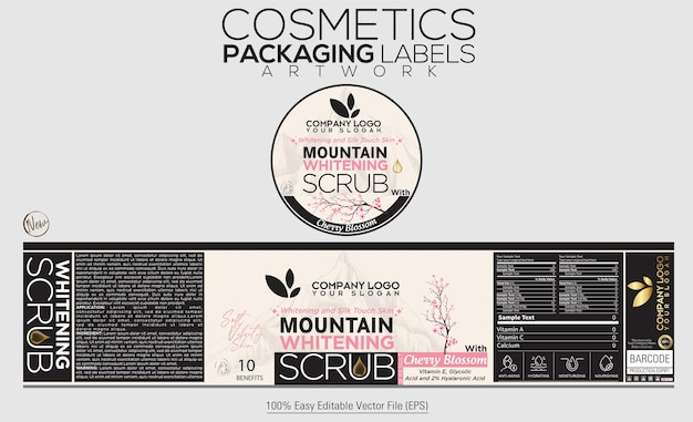 Vector cosmetics packaging labels mountain whitening scrub cap design with cherry blossom