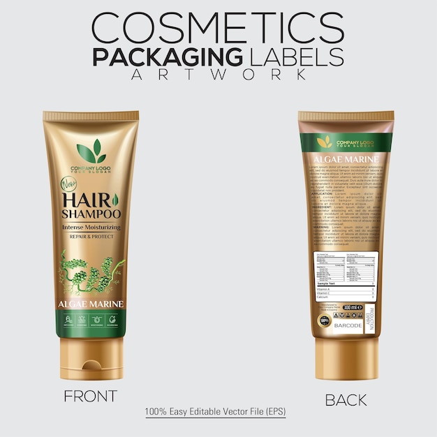 Cosmetics Packaging Labels Tube Mockup Design For Hair Shampoo With Algae Marine