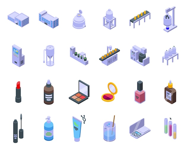 Cosmetics production icons set isometric vector Spa beauty