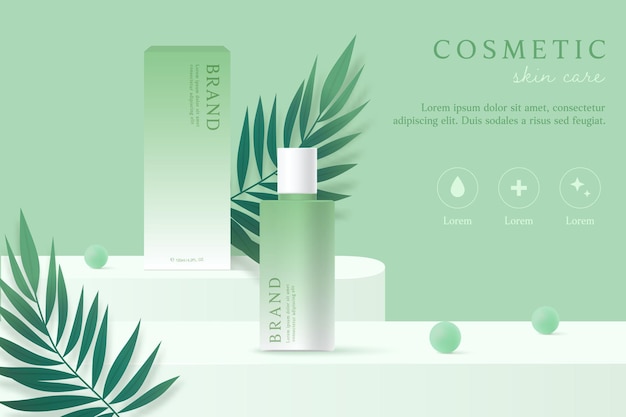 Cosmetics and skin care product ads template on green background with leaves