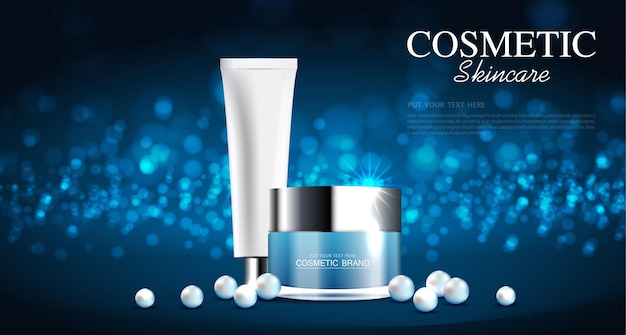 Cosmetics or skin care product ads with bottle blue background glittering light effect vector