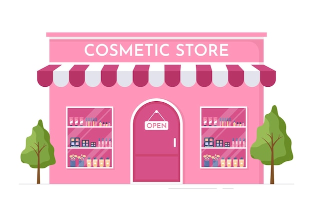 Cosmetics Store with Girl Skincare and Beauty Products Choice in in Flat Cartoon Illustration