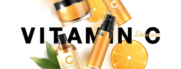 Cosmetics vitamin C or skin care product ads with bottle realistic package mockup banner ad for beauty products and orange background vector design