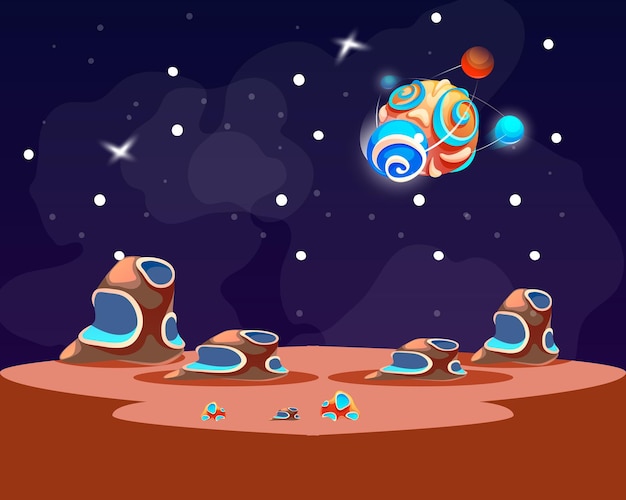 Cosmic background with undefined object in dark space alien planet deserted landscape with deep craters and stars shine in space Extraterrestrial computer game backdrop with meteorite or comet