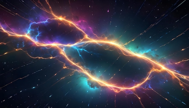 Cosmic explosion of energy in the form of an infinity symbol surrounded by a colorful nebula and shooting stars