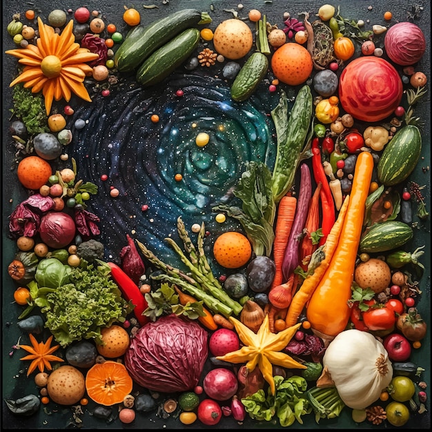 A Cosmic Feast Fruits and Vegetables Arranged in a Spiral Galaxy Pattern Showcasing Diversity