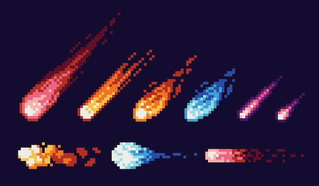 Cosmic sparkling comet pixel art set Falling shiny asteroids collection 8 bit