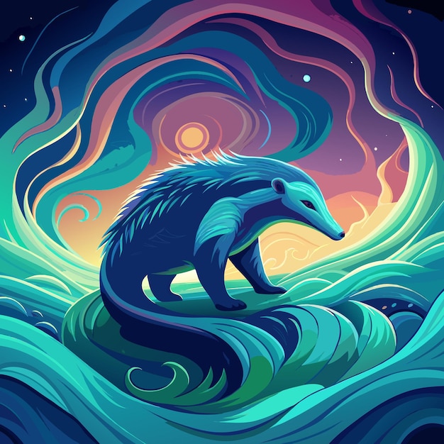 A cosmic water Anteater emerging from vibrant waves with blue and green hues in a starry galaxy