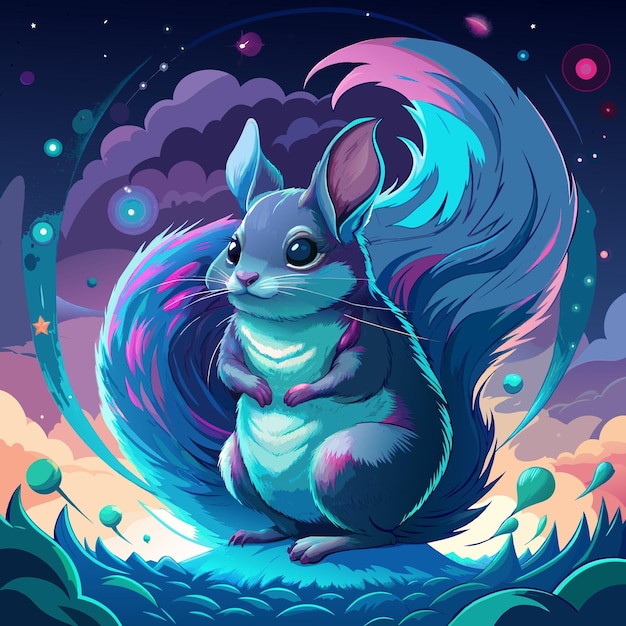 A cosmic water Chinchilla emerging from vibrant waves with blue and green hues in a starry galaxy