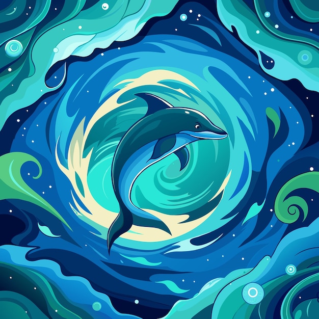 A cosmic water Dolphin emerging from vibrant waves with blue and green hues in a starry galaxy