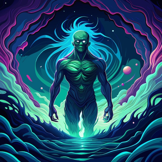 A cosmic water Ghoul emerging from vibrant waves with blue and green hues in a starry galaxy