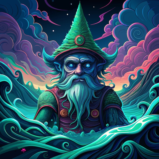 A cosmic water Gnome emerging from vibrant waves with blue and green hues in a starry galaxy