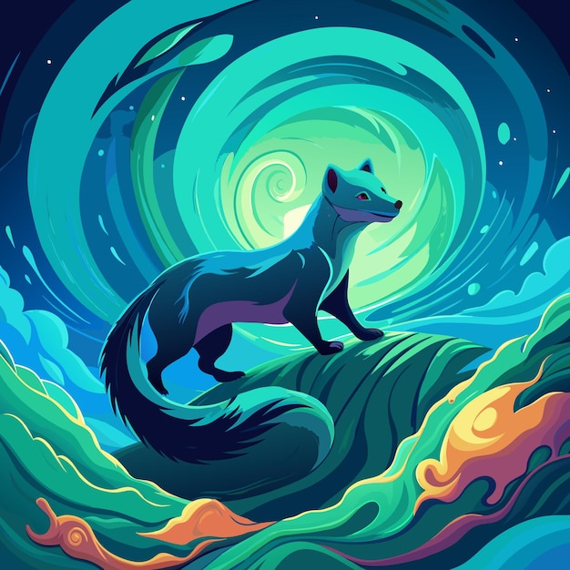 A cosmic water Marten emerging from vibrant waves with blue and green hues in a starry galaxy