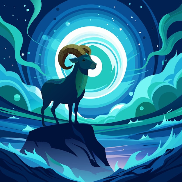 A cosmic water Mouflon emerging from vibrant waves with blue and green hues in a starry galaxy