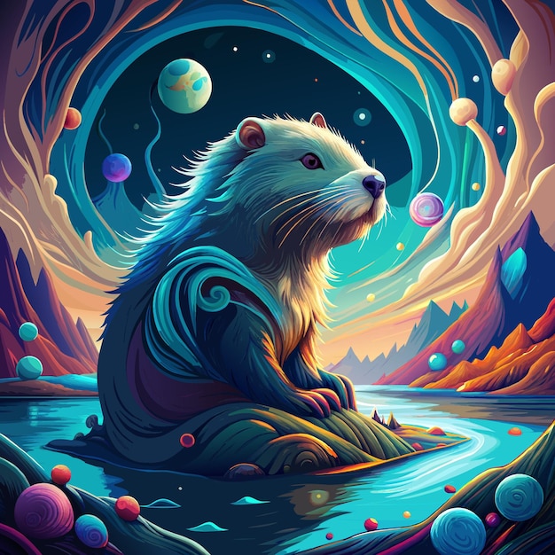 A cosmic water Nutria emerging from vibrant waves with blue and green hues in a starry galaxy