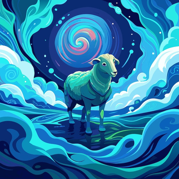 A cosmic water Sheep emerging from vibrant waves with blue and green hues in a starry galaxy