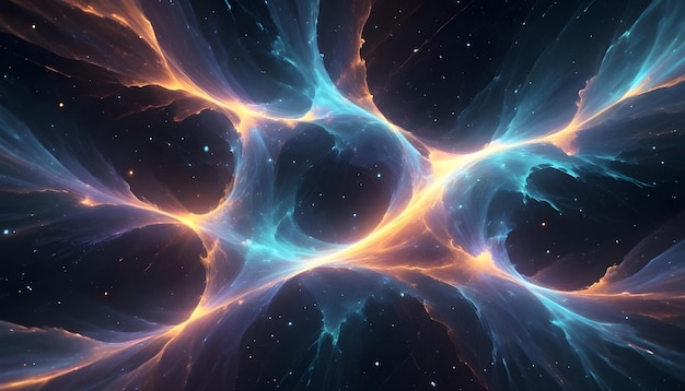 A cosmic web of blue and orange energy filaments intertwines in the vast expanse of space dotted with distant stars illustrating the interconnectedness of the universe