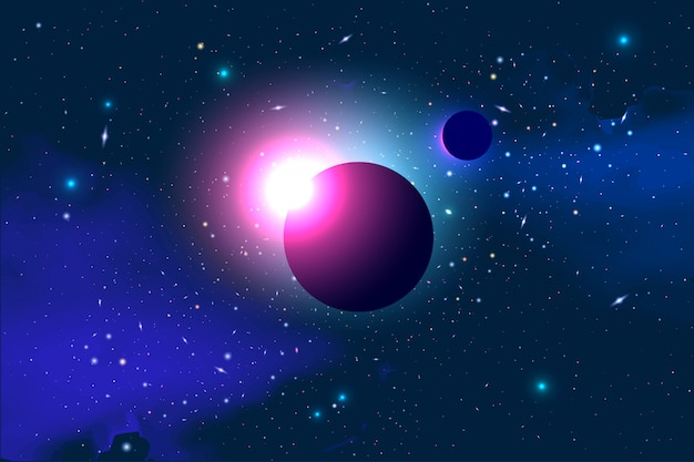  Cosmology Illustration with Universe, Galaxy, Sun, Planets and Stars. Can be used for Invitation or Booklet. Futuristic view with Depth and Space Background