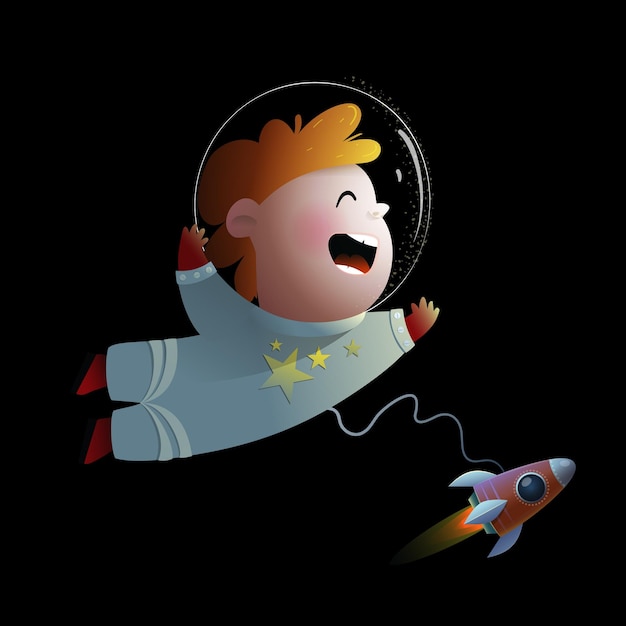 Cosmonaut Boy Funny Happy Kids Character Little dreamer kids character isolated on black