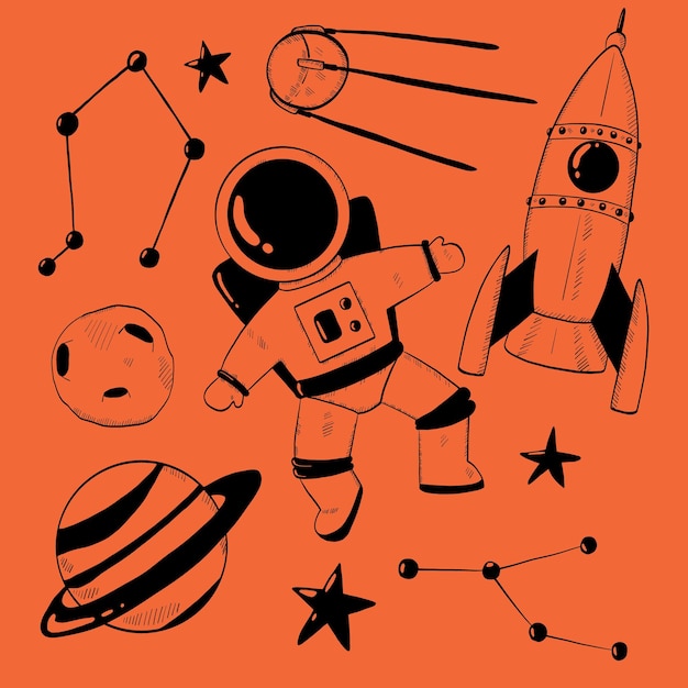 Cosmonautics Day Cosmonaut in outer space against the background of the stars of the rocket planets A simple image in a linear style on an orange background