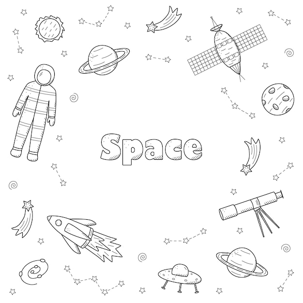 Cosmos doodle is a set of vector illustrations Frame icons of space elements rocket cosmonaut stars satellite telescope comet