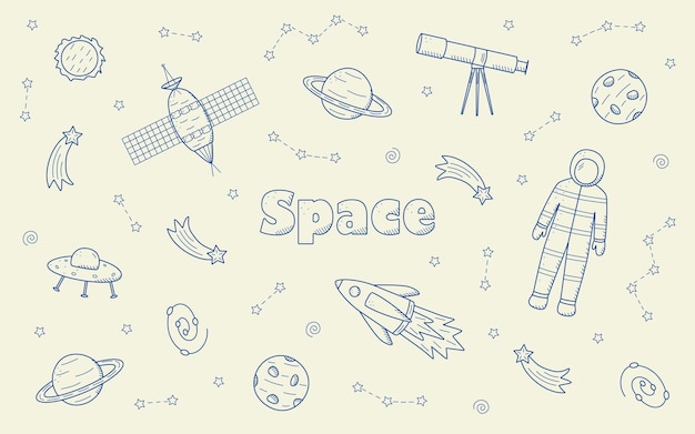 Cosmos doodle is a set of vector illustrations Frame icons of space elements rocket cosmonaut stars satellite telescope comet