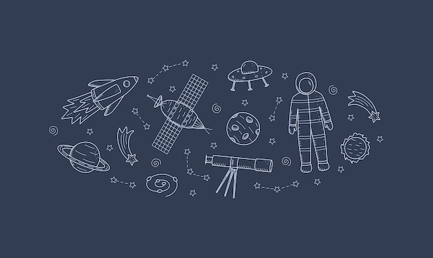 Cosmos doodle is a set of vector illustrations Frame icons of space elements rocket cosmonaut stars satellite telescope comet