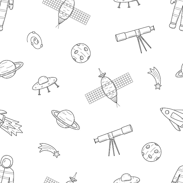 Cosmos doodle is a set of vector illustrations Seamless pattern icons of space elements rocket cosmonaut stars satellite telescope comet