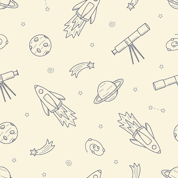 Cosmos doodle is a set of vector illustrations Seamless pattern icons of space elements rocket cosmonaut stars satellite telescope comet