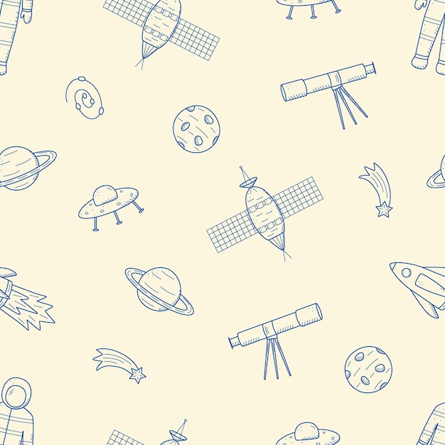 Cosmos doodle is a set of vector illustrations Seamless pattern icons of space elements rocket cosmonaut stars satellite telescope comet