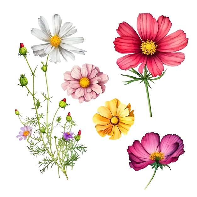 Cosmos flower watercolor paint collection