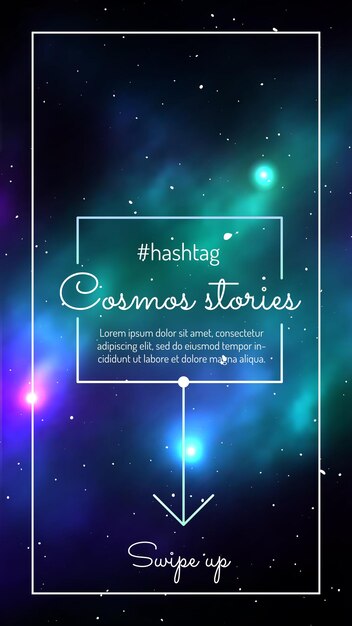 Cosmos stories mobile application design with swipe up button Colorful deep space background with stars and nebulas Galaxy discovery and exploration vector illustration Astronomy and astrophysics