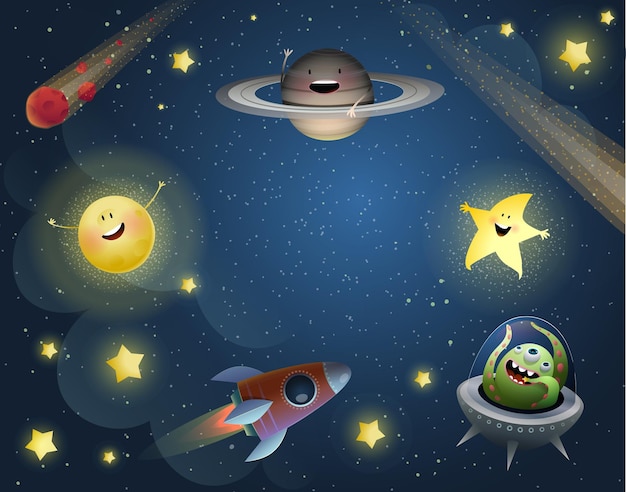 Cosmos with Rocket and Stars Night Kids Wallpaper