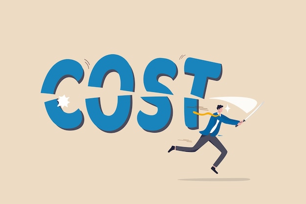 Cost saving idea cost reduction or decrease expense financial or accounting optimization lower spending to make more profit concept smart businessman cutting the word COST with his sword