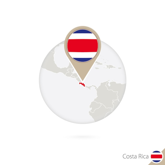 Costa Rica map and flag in circle. Map of Costa Rica, Costa Rica flag pin. Map of Costa Rica in the style of the globe. Vector Illustration.